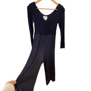 Vintage Long Sleeve Navy Polka Dot Jumper Size 4 90s Scoop Neck Wide Leg Stretch